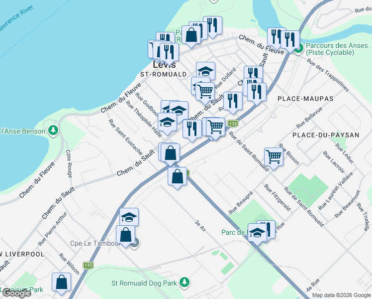 map of restaurants, bars, coffee shops, grocery stores, and more near 2055 Boulevard Guillaume-Couture in Lévis