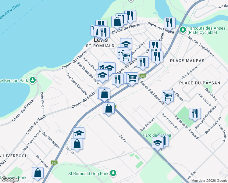 map of restaurants, bars, coffee shops, grocery stores, and more near 2055 Boulevard Guillaume-Couture in Lévis