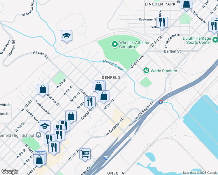 map of restaurants, bars, coffee shops, grocery stores, and more near 3811 Grand Avenue in Duluth