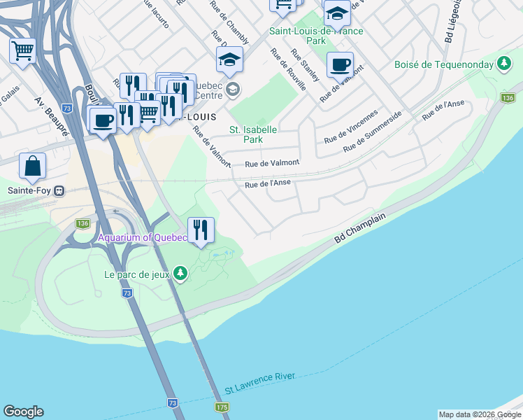 map of restaurants, bars, coffee shops, grocery stores, and more near 3059 Rue de la Promenade in Québec