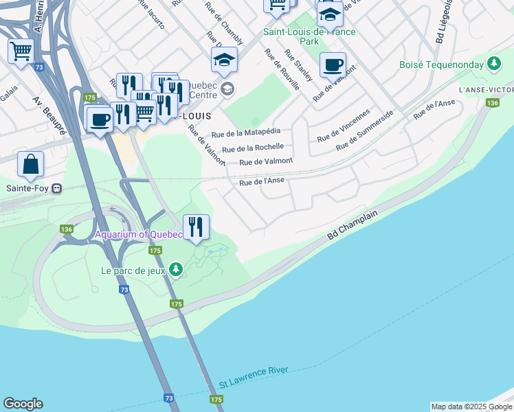 map of restaurants, bars, coffee shops, grocery stores, and more near 3059 Rue de la Promenade in Québec