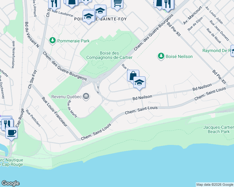 map of restaurants, bars, coffee shops, grocery stores, and more near 3743 Rue Gabrielle Vallée in Québec