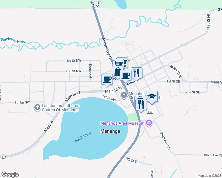 map of restaurants, bars, coffee shops, grocery stores, and more near 113 Main Street East in Menahga