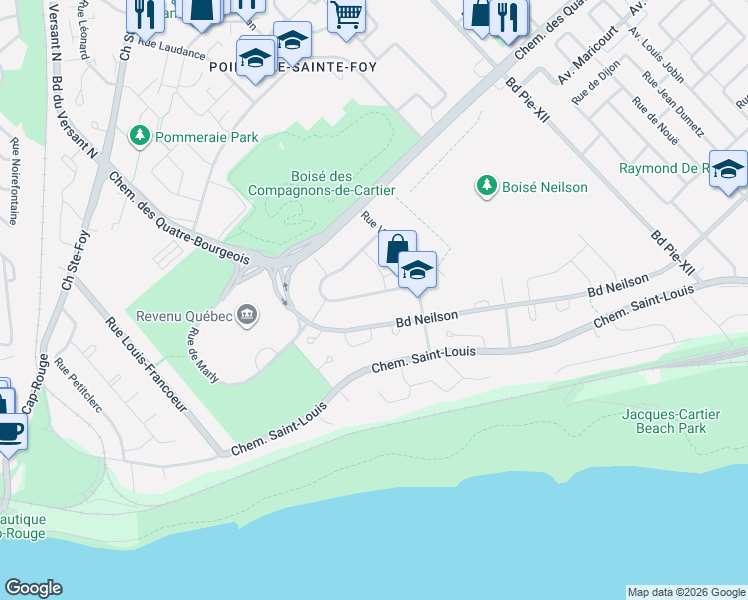 map of restaurants, bars, coffee shops, grocery stores, and more near 3719 Rue Gabrielle Vallée in Québec