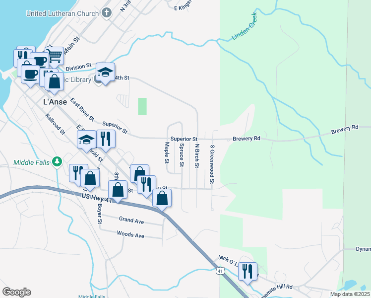 map of restaurants, bars, coffee shops, grocery stores, and more near 121 Spruce Street in L'Anse