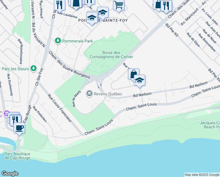 map of restaurants, bars, coffee shops, grocery stores, and more near 3759 Rue Gabrielle Vallée in Québec