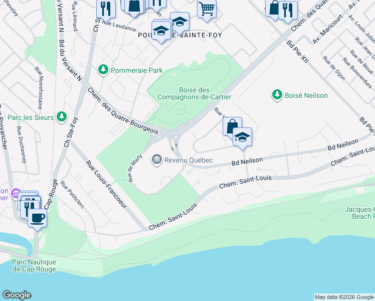 map of restaurants, bars, coffee shops, grocery stores, and more near 3759 Rue Gabrielle Vallée in Québec