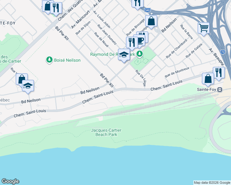 map of restaurants, bars, coffee shops, grocery stores, and more near 3537 Chemin Saint-Louis in Québec