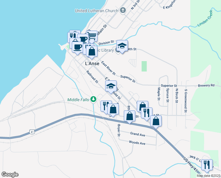 map of restaurants, bars, coffee shops, grocery stores, and more near 16 6th Street in L'Anse