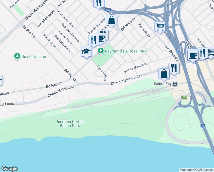 map of restaurants, bars, coffee shops, grocery stores, and more near 3433 Chemin Saint-Louis in Québec