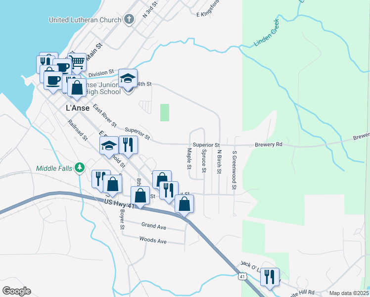 map of restaurants, bars, coffee shops, grocery stores, and more near 25-199 Maple Street in L'Anse