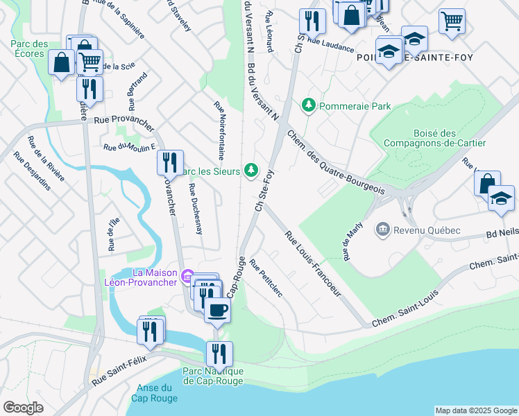 map of restaurants, bars, coffee shops, grocery stores, and more near in Québec