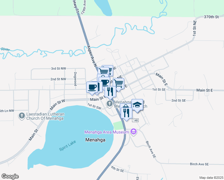 map of restaurants, bars, coffee shops, grocery stores, and more near 16 Birch Avenue Northeast in Menahga