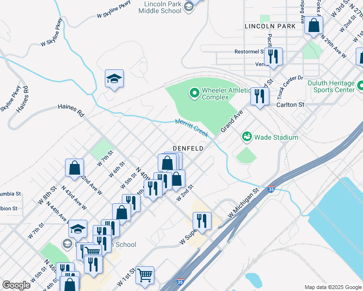 map of restaurants, bars, coffee shops, grocery stores, and more near in Duluth
