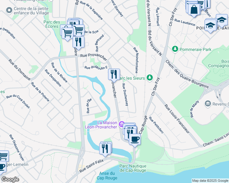 map of restaurants, bars, coffee shops, grocery stores, and more near Rue Provancher in Ville de Québec