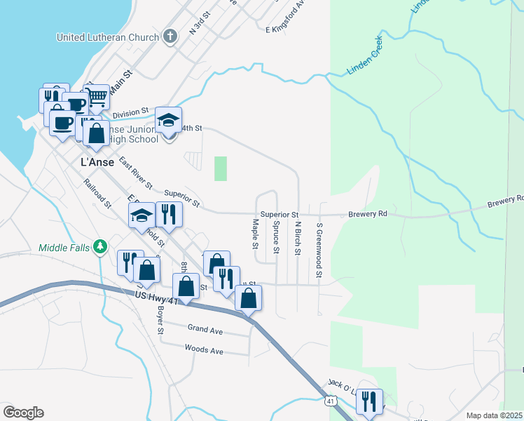 map of restaurants, bars, coffee shops, grocery stores, and more near 201-207 Maple Street in L'Anse