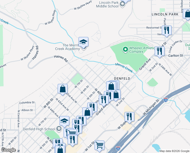 map of restaurants, bars, coffee shops, grocery stores, and more near 623 North 39th Avenue West in Duluth