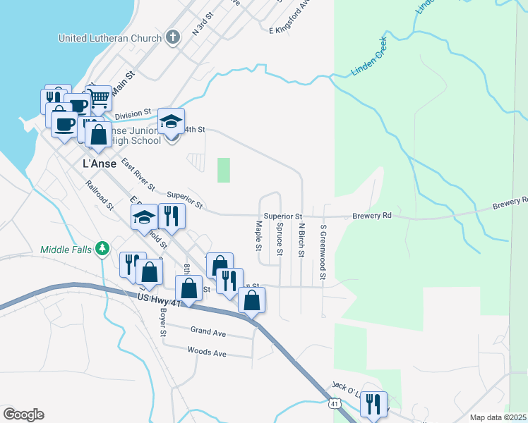 map of restaurants, bars, coffee shops, grocery stores, and more near 201 Maple Street in L'Anse