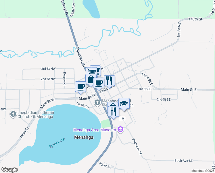 map of restaurants, bars, coffee shops, grocery stores, and more near 16 Birch Avenue Northeast in Menahga