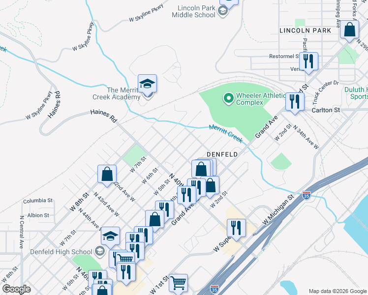 map of restaurants, bars, coffee shops, grocery stores, and more near 3824 West 6th Street in Duluth