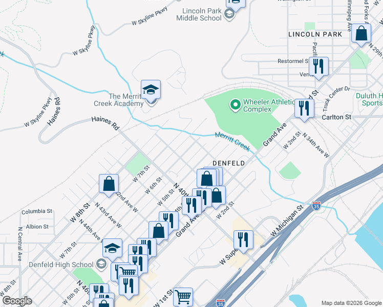 map of restaurants, bars, coffee shops, grocery stores, and more near 3820 West 6th Street in Duluth