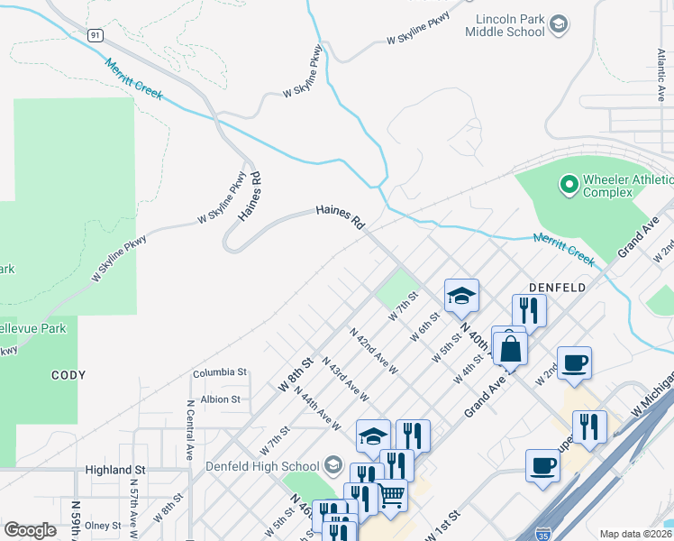 map of restaurants, bars, coffee shops, grocery stores, and more near 830 Dickerman Avenue in Duluth