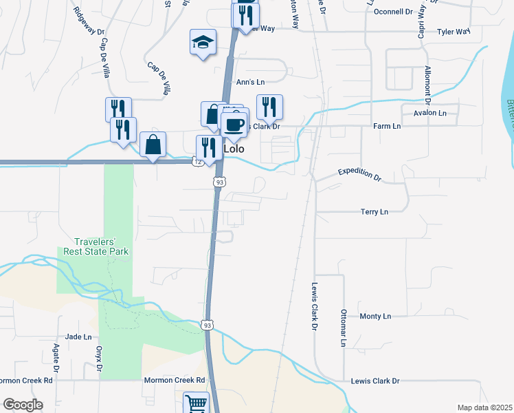 map of restaurants, bars, coffee shops, grocery stores, and more near 11 Gateway Lane in Lolo