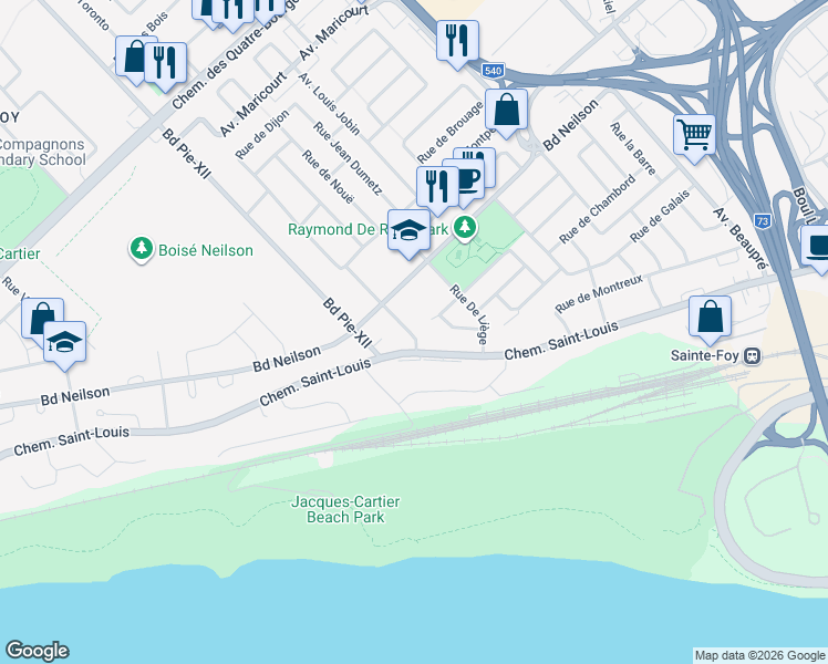map of restaurants, bars, coffee shops, grocery stores, and more near 1111 Rue de Dijon in Québec