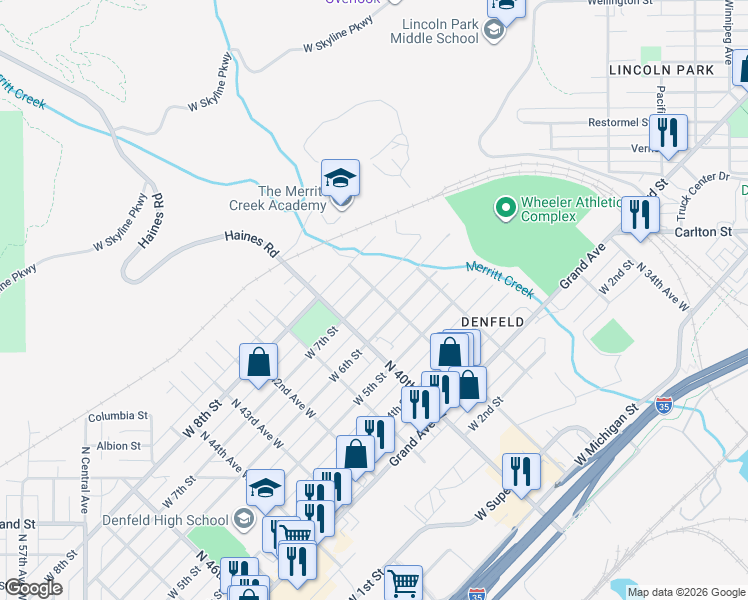 map of restaurants, bars, coffee shops, grocery stores, and more near 623 North 39th Avenue West in Duluth