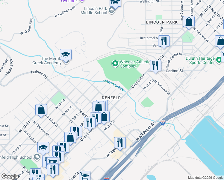 map of restaurants, bars, coffee shops, grocery stores, and more near in Duluth