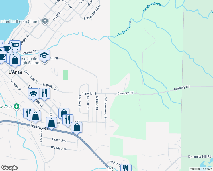 map of restaurants, bars, coffee shops, grocery stores, and more near 213 Greenwood Street in L'Anse