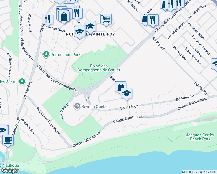 map of restaurants, bars, coffee shops, grocery stores, and more near 3791 Rue Gabrielle Vallée in Québec