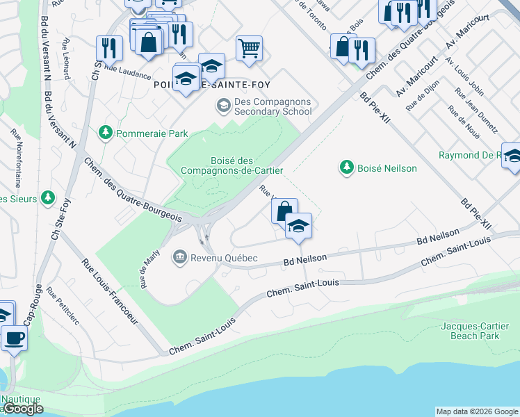 map of restaurants, bars, coffee shops, grocery stores, and more near 3791 Rue Gabrielle Vallée in Québec