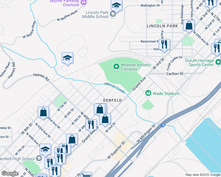 map of restaurants, bars, coffee shops, grocery stores, and more near 3705 West 4th Street in Duluth