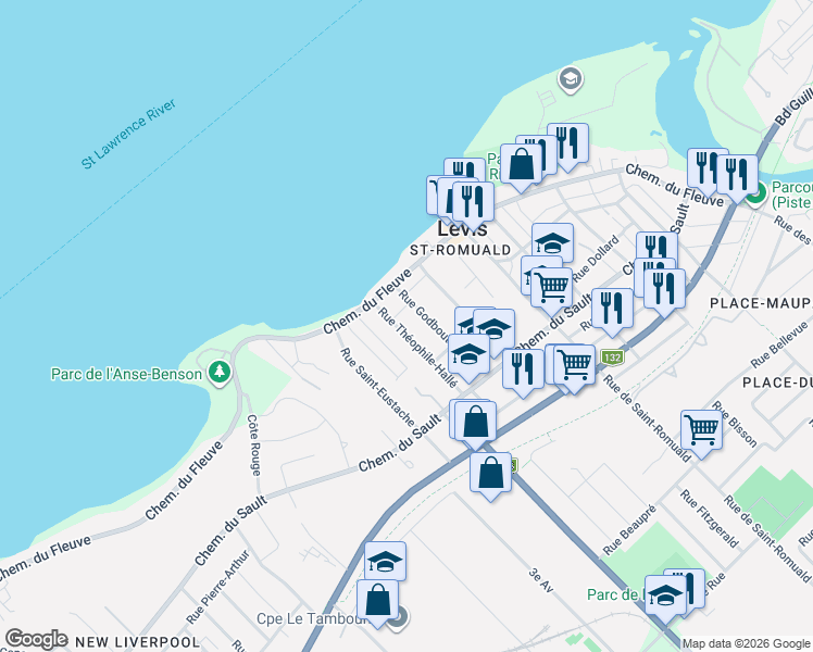 map of restaurants, bars, coffee shops, grocery stores, and more near 101 Rue Théophile-Hallé in Lévis
