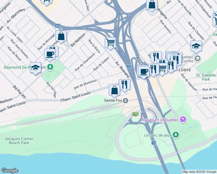 map of restaurants, bars, coffee shops, grocery stores, and more near 106 Chemin Saint-Louis in Québec