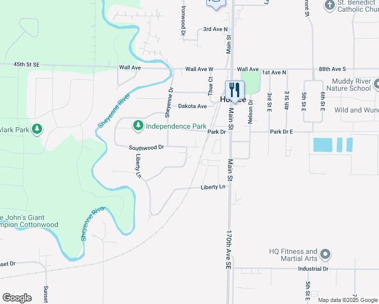 map of restaurants, bars, coffee shops, grocery stores, and more near 214 Southwood Drive in Horace