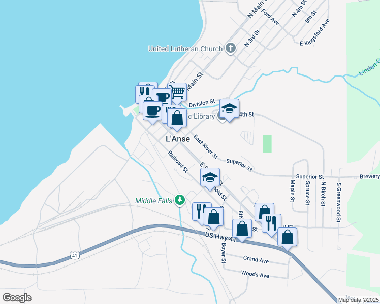 map of restaurants, bars, coffee shops, grocery stores, and more near 201 East River Street in L'Anse