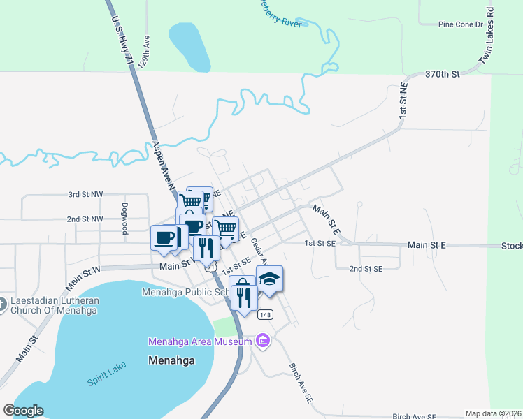 map of restaurants, bars, coffee shops, grocery stores, and more near 317 County Highway 21 in Menahga