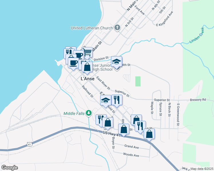 map of restaurants, bars, coffee shops, grocery stores, and more near 212 East River Street in L'Anse