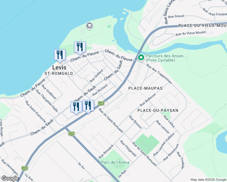 map of restaurants, bars, coffee shops, grocery stores, and more near 275 Rue Saint Robert in Lévis