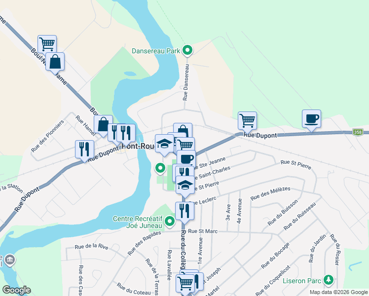 map of restaurants, bars, coffee shops, grocery stores, and more near 173 Rue Dupont in Pont-Rouge