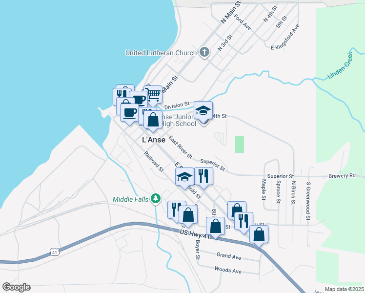 map of restaurants, bars, coffee shops, grocery stores, and more near 212 East River Street in L'Anse