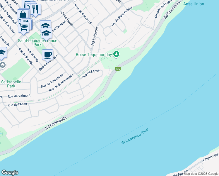 map of restaurants, bars, coffee shops, grocery stores, and more near 2795 Boulevard Champlain in Ville de Québec