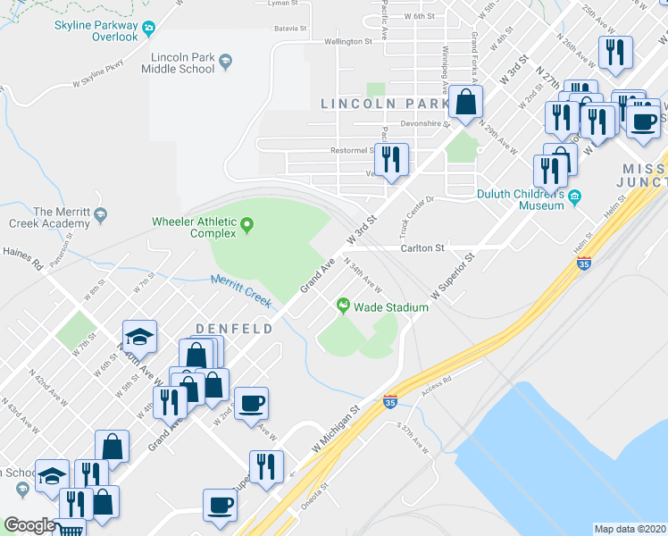 map of restaurants, bars, coffee shops, grocery stores, and more near 3412 Grand Avenue in Duluth