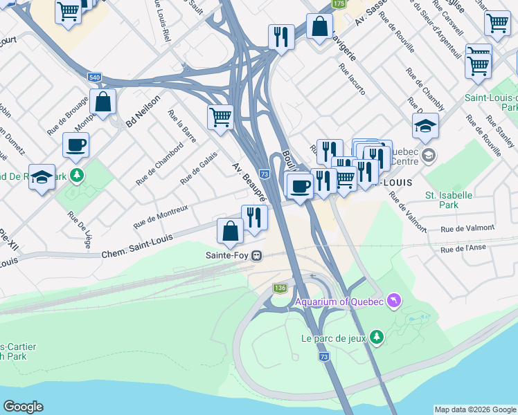 map of restaurants, bars, coffee shops, grocery stores, and more near 3230 Chemin Saint-Louis in Québec