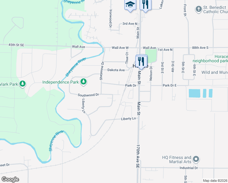 map of restaurants, bars, coffee shops, grocery stores, and more near 214 Southwood Drive in Horace