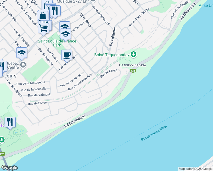 map of restaurants, bars, coffee shops, grocery stores, and more near 2863 Rue de l'Anse in Québec