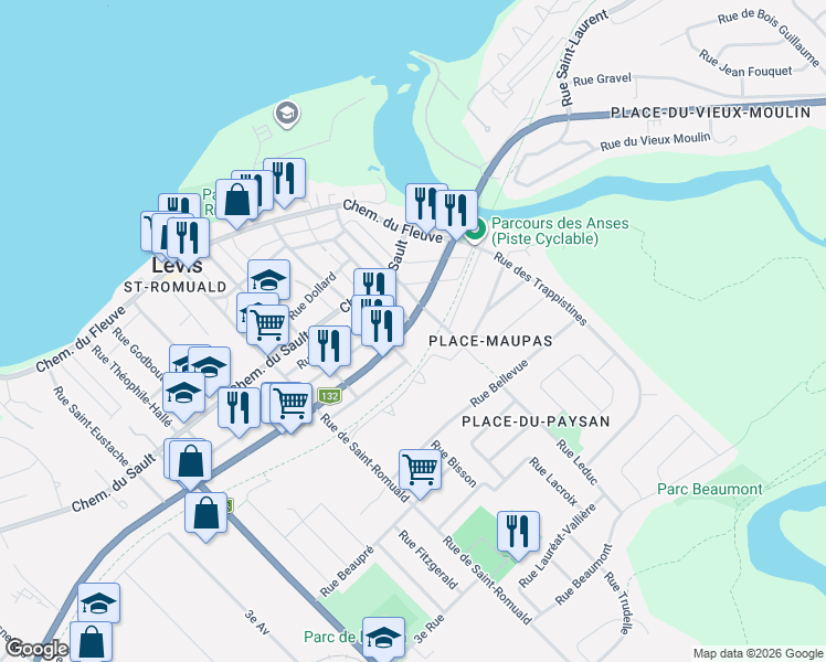 map of restaurants, bars, coffee shops, grocery stores, and more near 2370 Boulevard Guillaume-Couture in Lévis