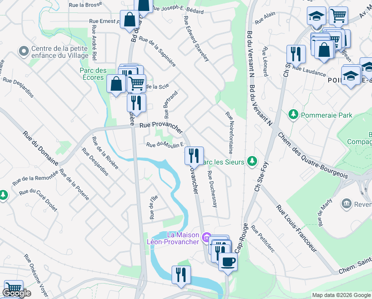 map of restaurants, bars, coffee shops, grocery stores, and more near 1308 Rue Provancher in Québec
